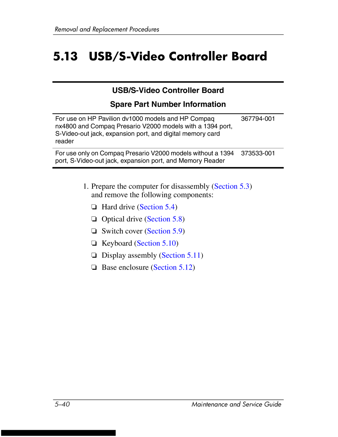 HP DV1270 manual 13 USB/S-Video Controller Board, USB/S-Video Controller Board Spare Part Number Information 