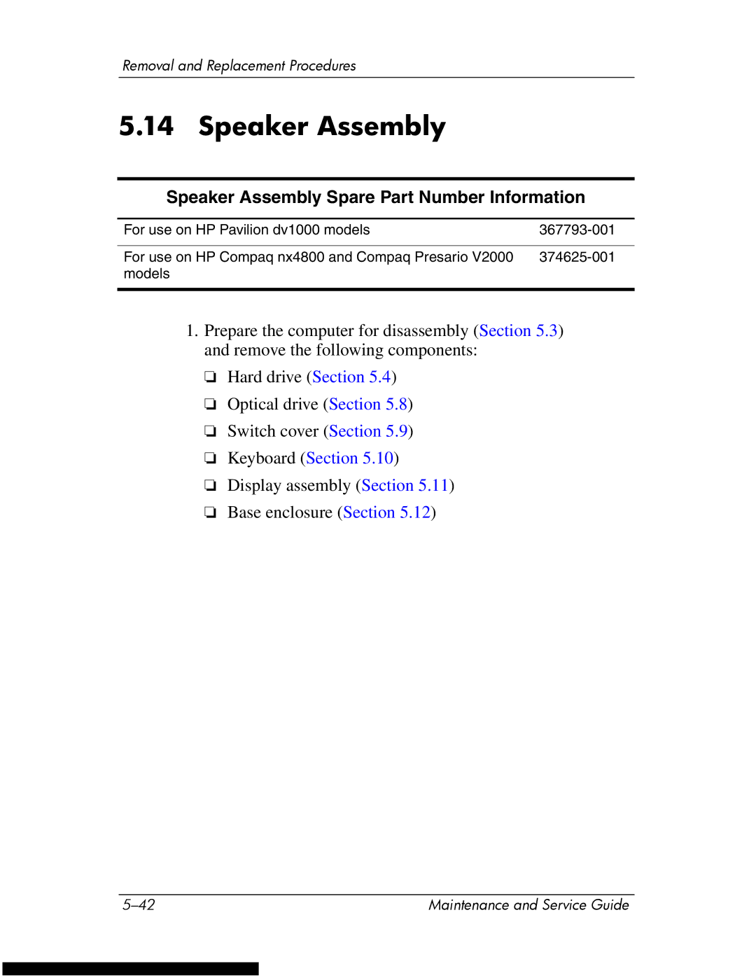 HP DV1270 manual Speaker Assembly Spare Part Number Information 