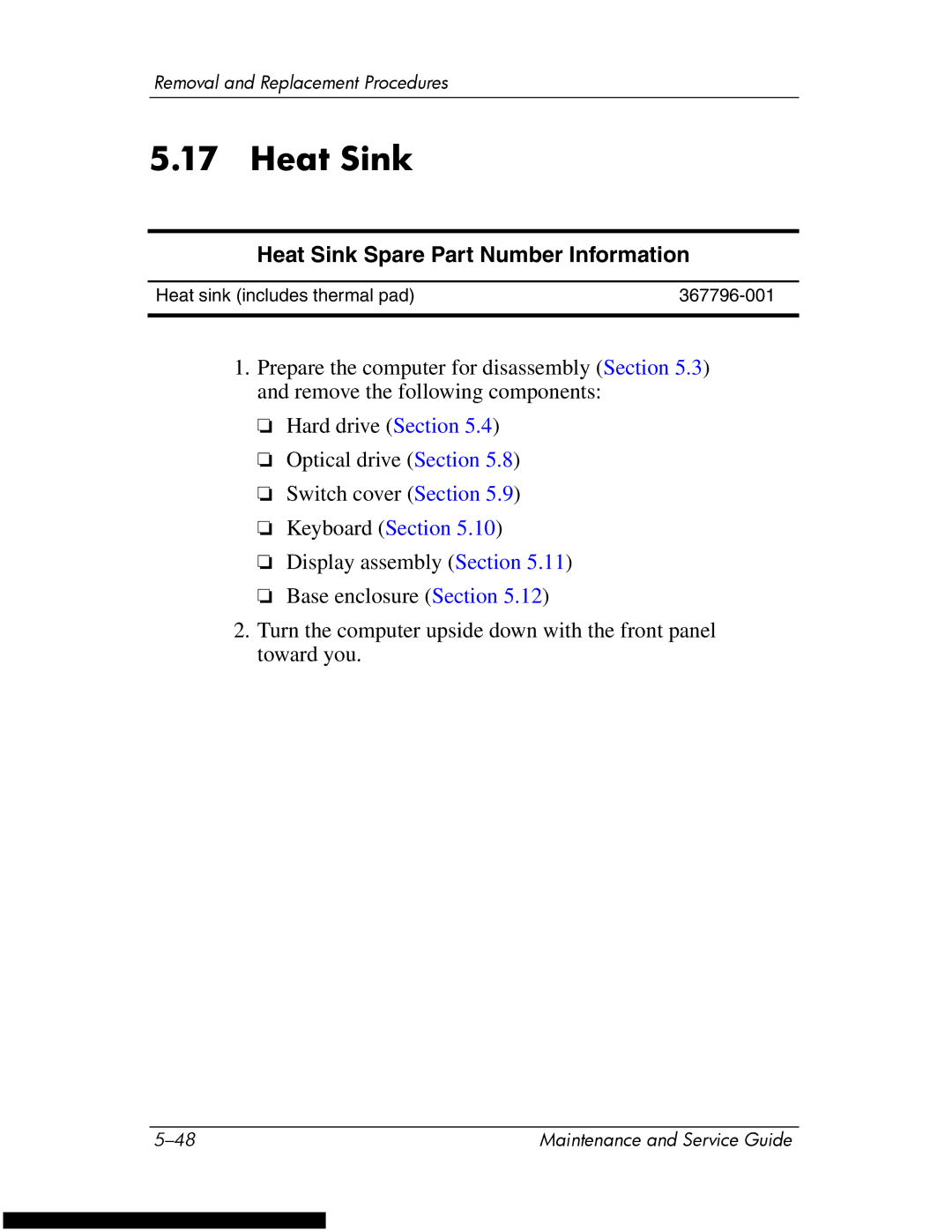 HP DV1270 manual Heat Sink Spare Part Number Information 