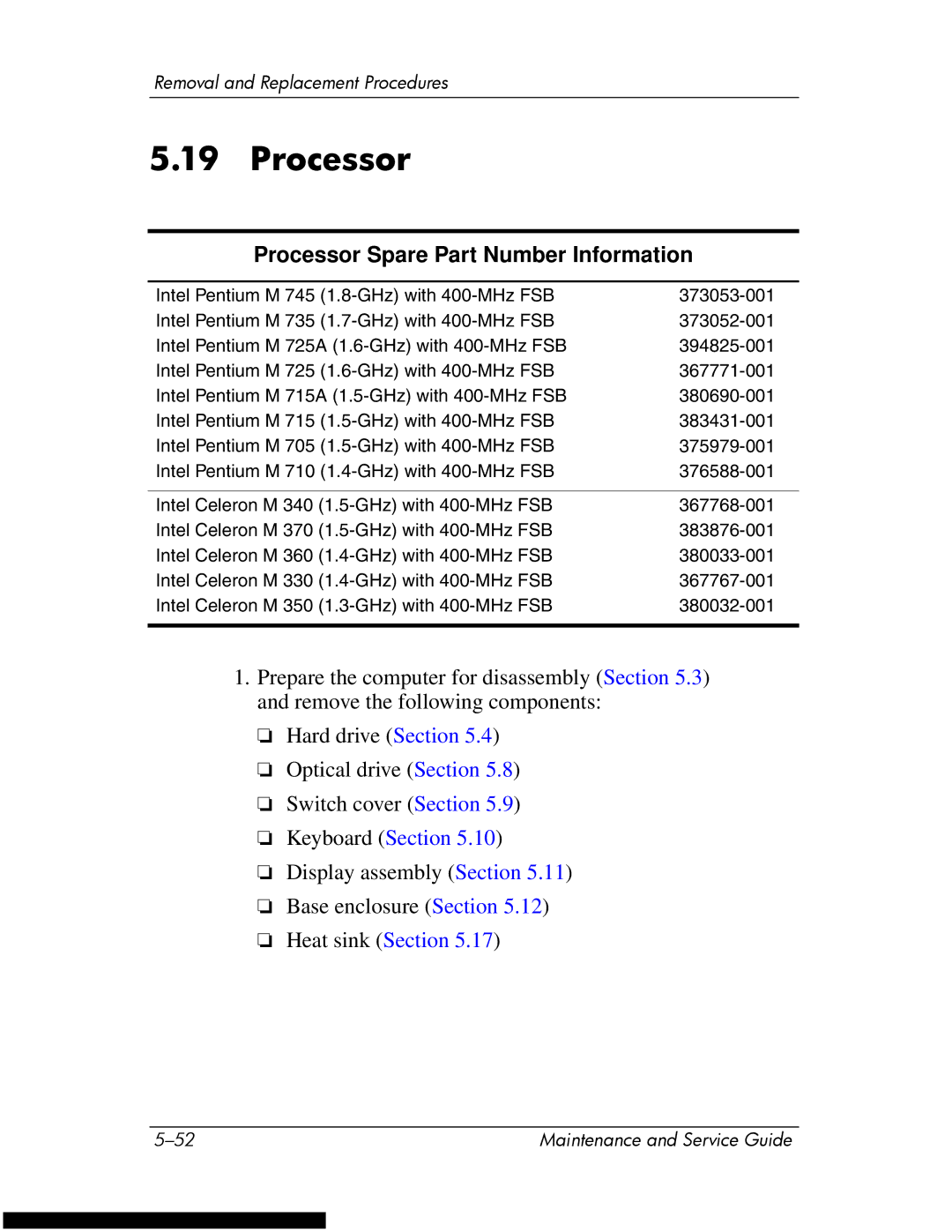 HP DV1270 manual Processor Spare Part Number Information 