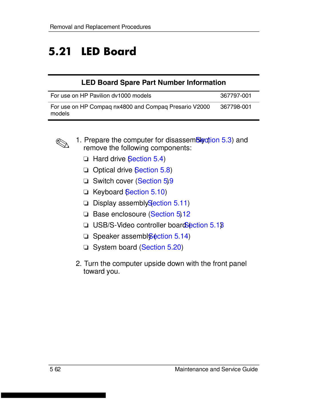 HP DV1270 manual LED Board Spare Part Number Information 