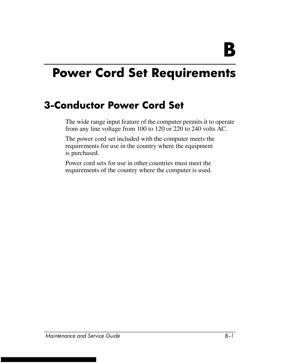 HP DV1270 manual Power Cord Set Requirements, Conductor Power Cord Set 