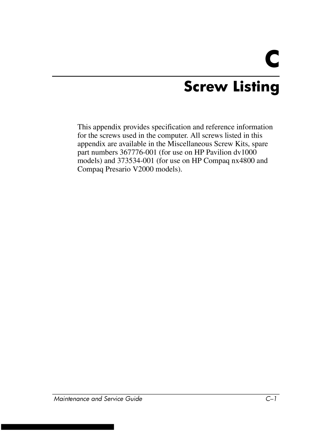 HP DV1270 manual Screw Listing 