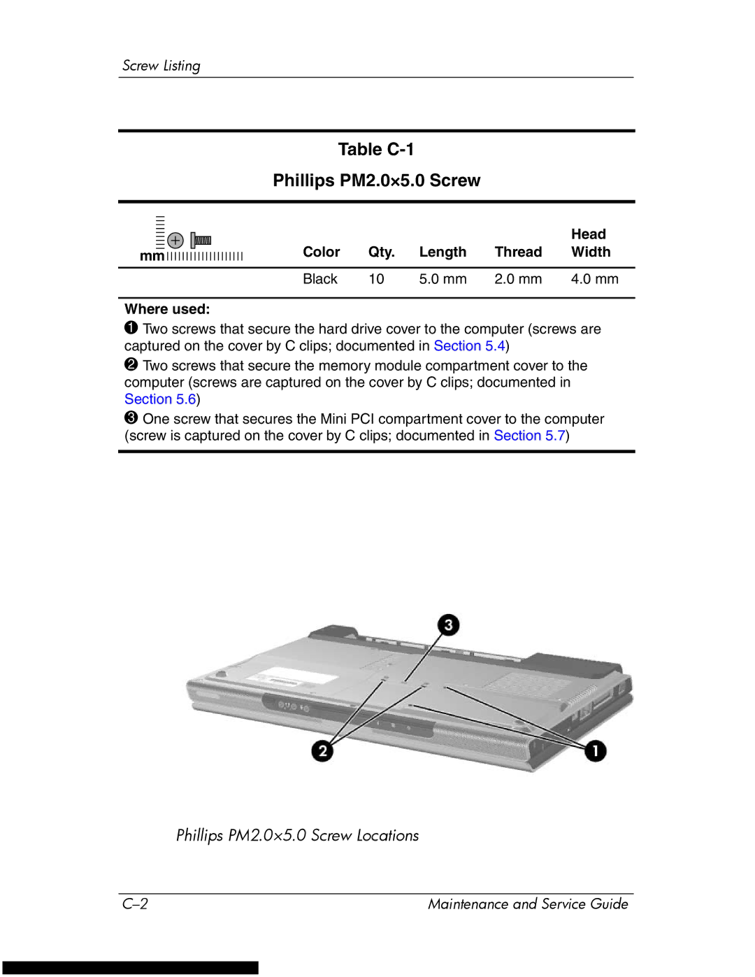 HP DV1270 manual Table C-1 Phillips PM2.0×5.0 Screw, Head, Color Qty Length Thread Width Black Where used 