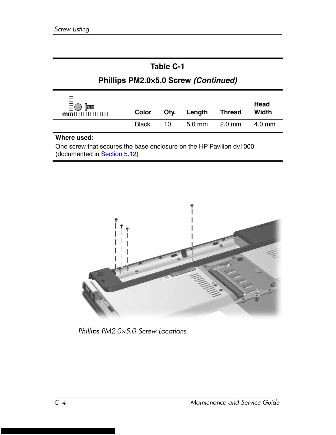 HP DV1270 manual Table C-1 Phillips PM2.0×5.0 Screw 