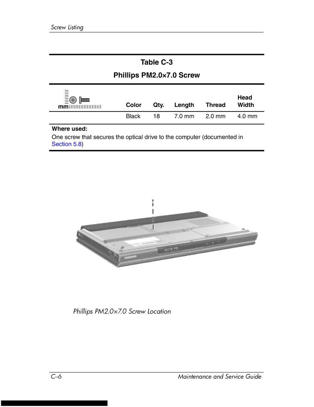 HP DV1270 manual Table C-3 Phillips PM2.0×7.0 Screw 