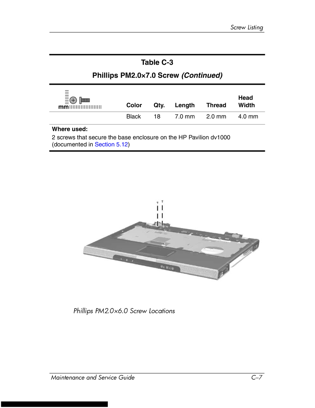 HP DV1270 manual Phillips PM2.0×6.0 Screw Locations 