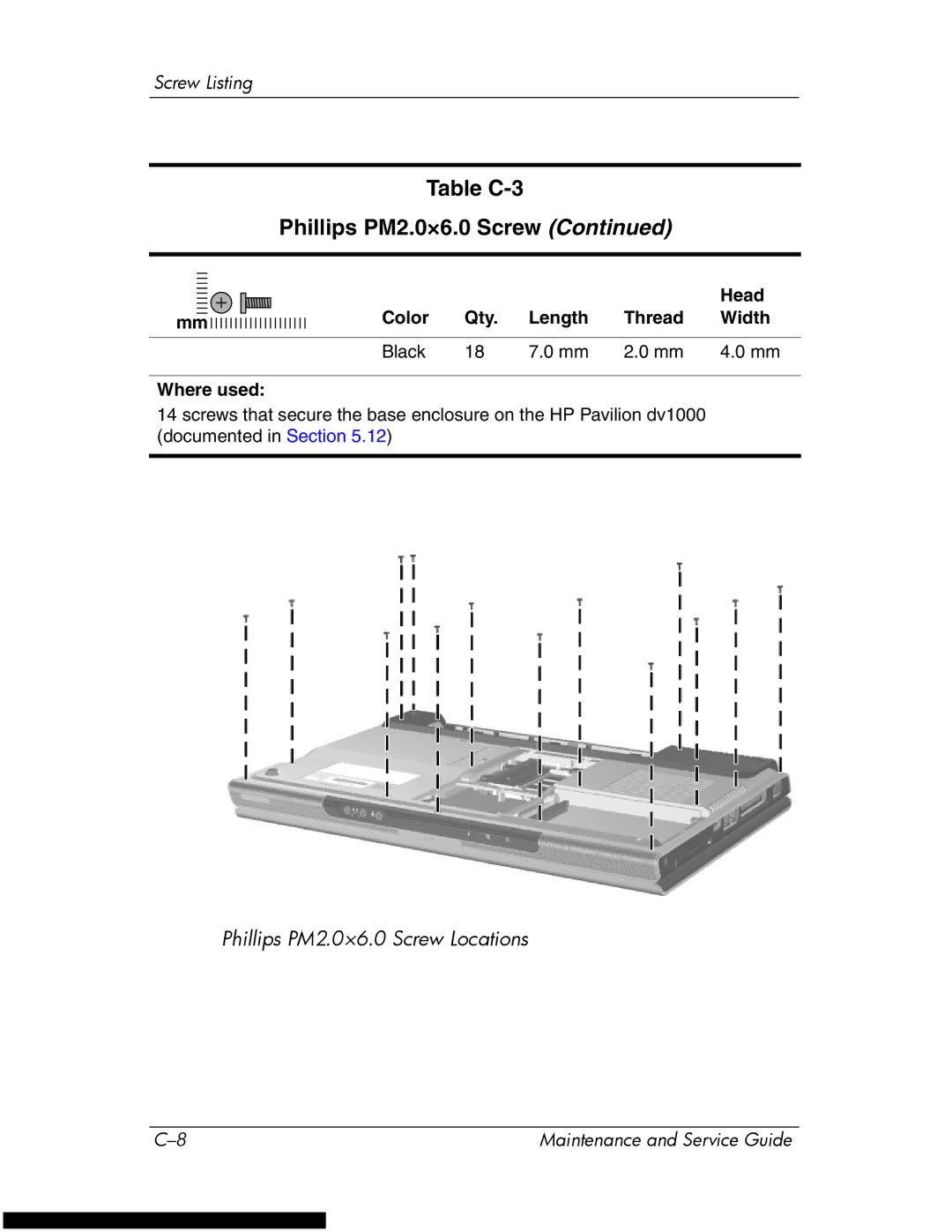 HP DV1270 manual Table C-3 Phillips PM2.0×6.0 Screw 