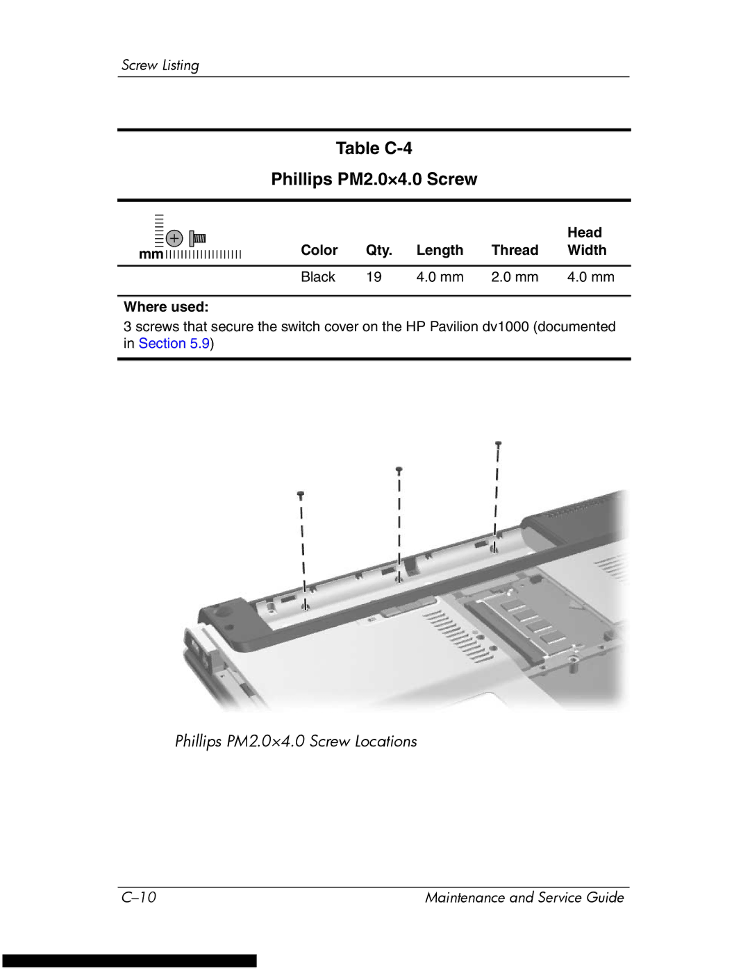 HP DV1270 manual Table C-4 Phillips PM2.0×4.0 Screw 