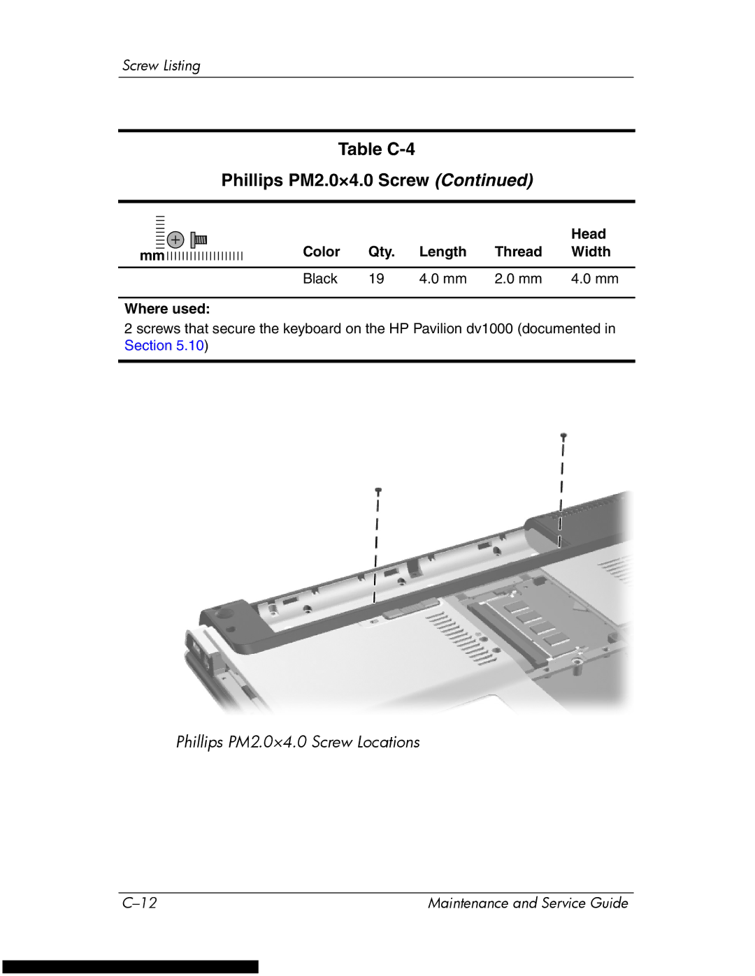 HP DV1270 manual Table C-4 Phillips PM2.0×4.0 Screw 