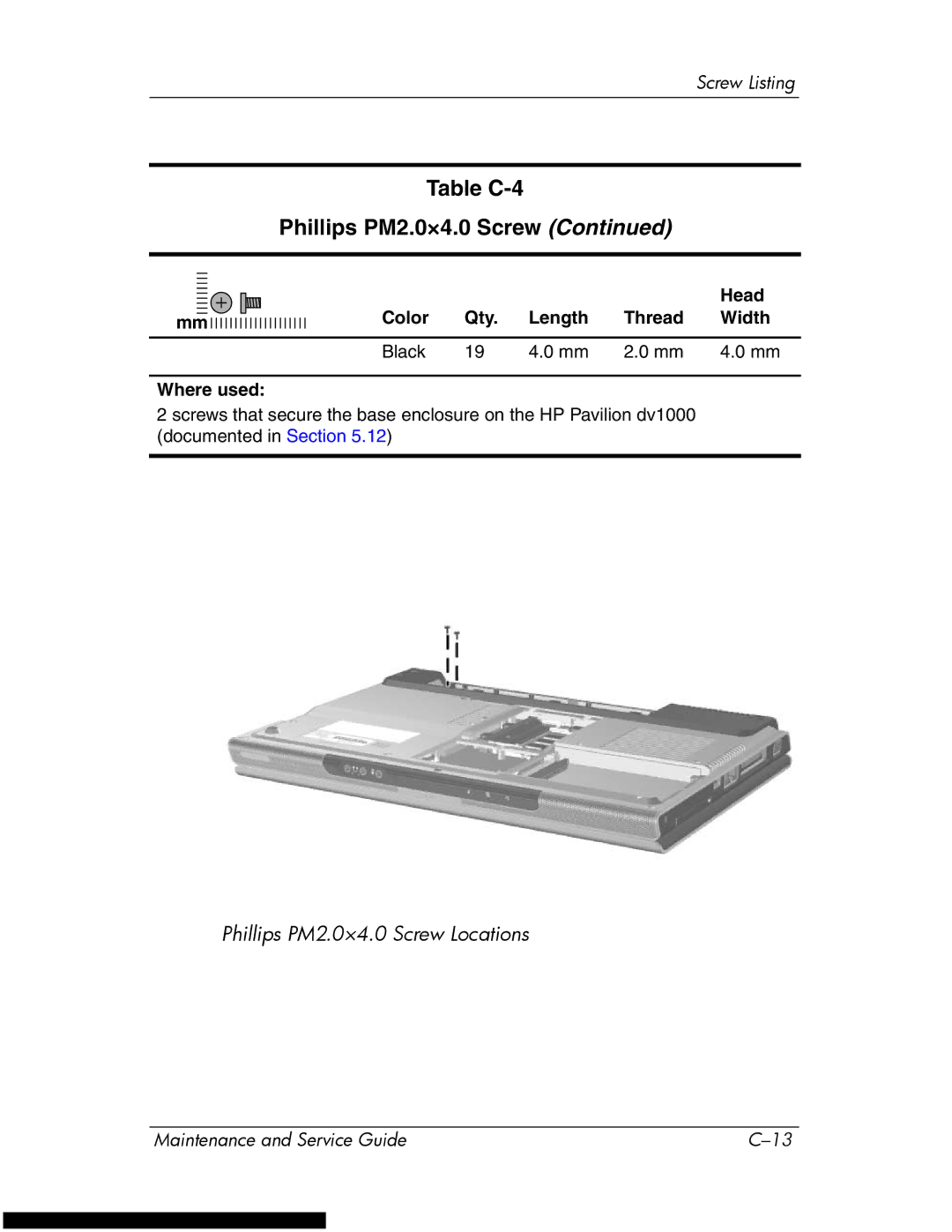 HP DV1270 manual Table C-4 Phillips PM2.0×4.0 Screw 