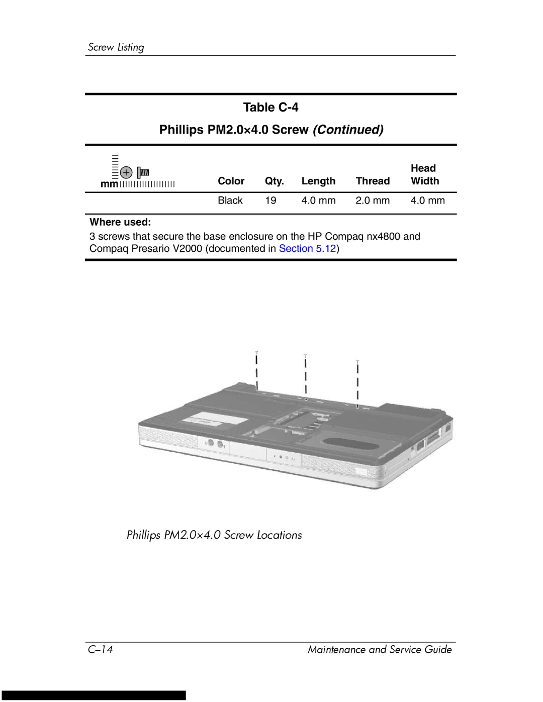 HP DV1270 manual Table C-4 Phillips PM2.0×4.0 Screw 