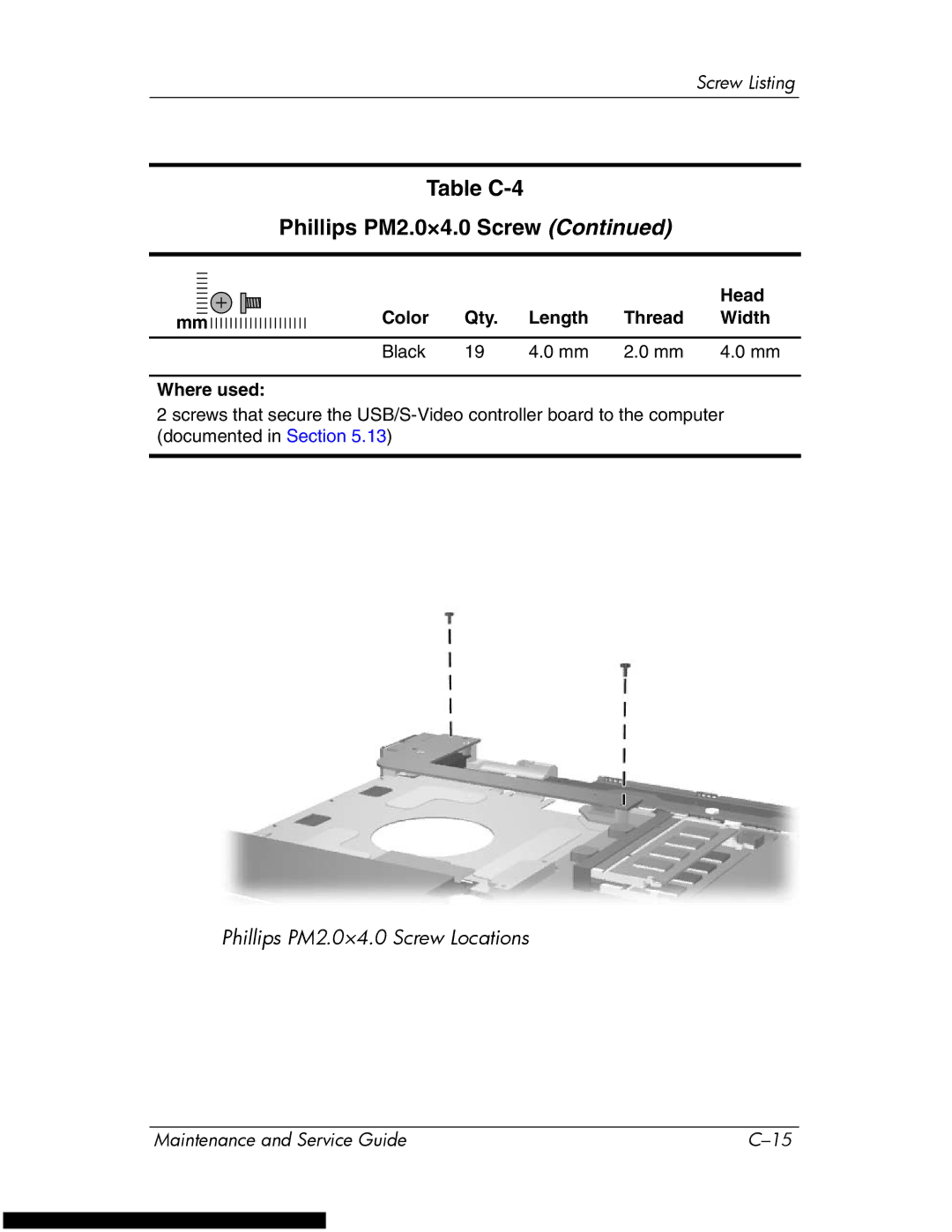 HP DV1270 manual Table C-4 Phillips PM2.0×4.0 Screw 