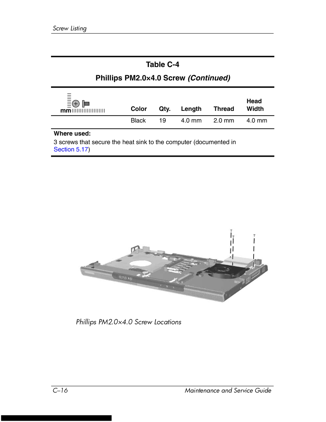 HP DV1270 manual Table C-4 Phillips PM2.0×4.0 Screw 