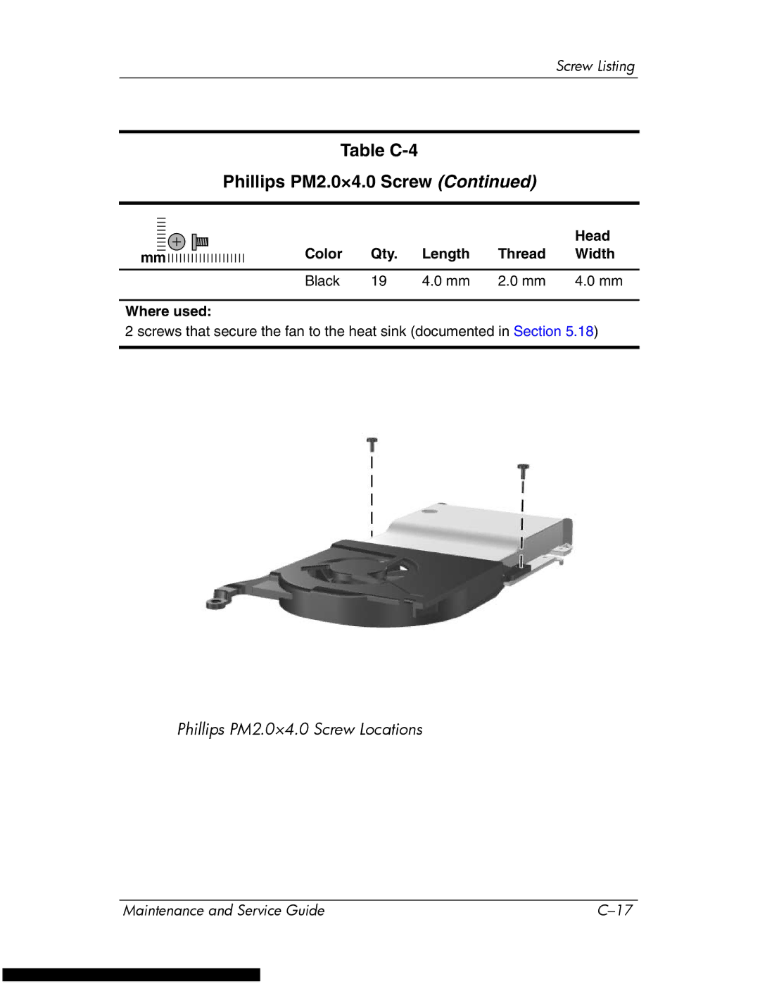 HP DV1270 manual Table C-4 Phillips PM2.0×4.0 Screw 