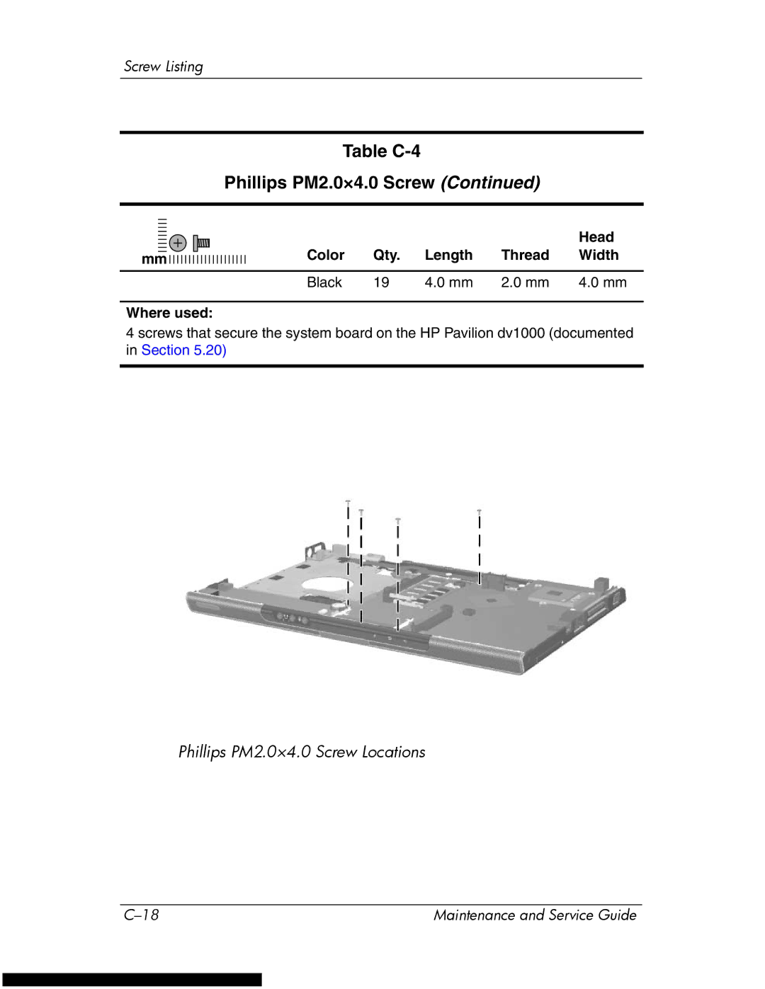 HP DV1270 manual Table C-4 Phillips PM2.0×4.0 Screw 