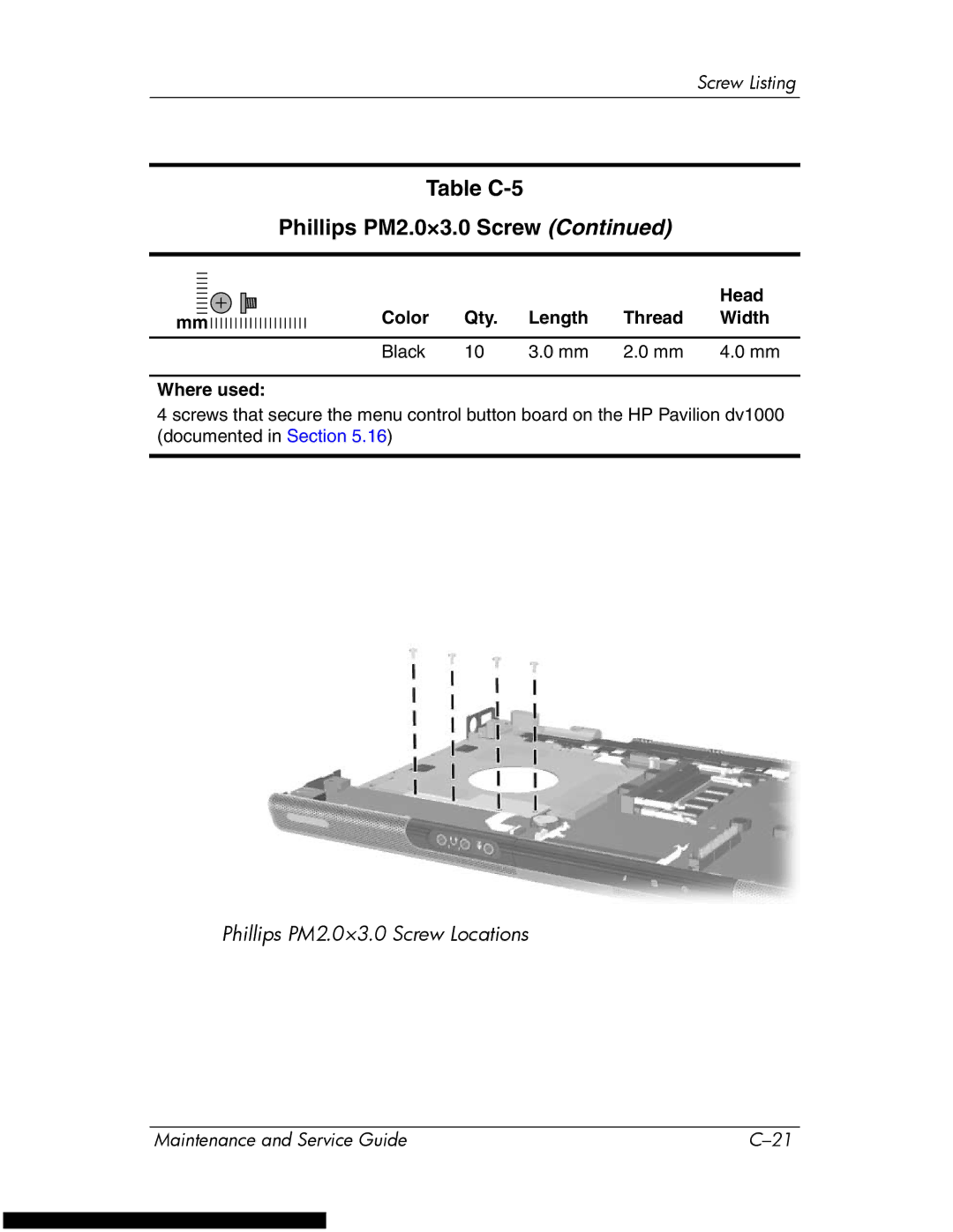 HP DV1270 manual Table C-5 Phillips PM2.0×3.0 Screw 