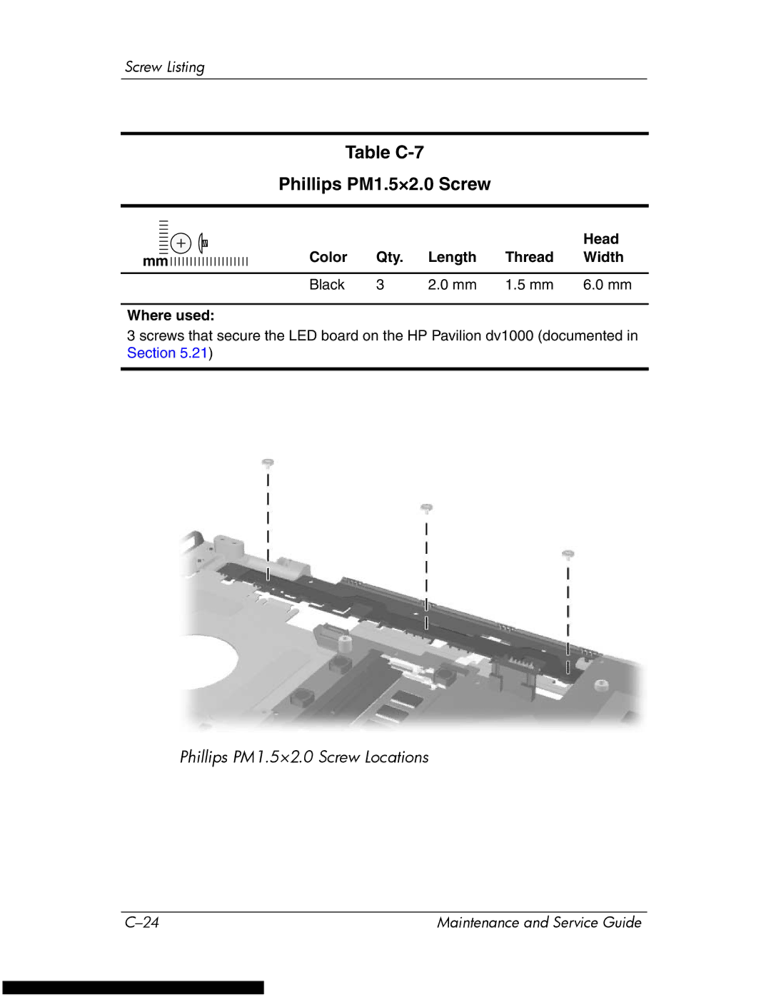 HP DV1270 manual Table C-7 Phillips PM1.5×2.0 Screw 