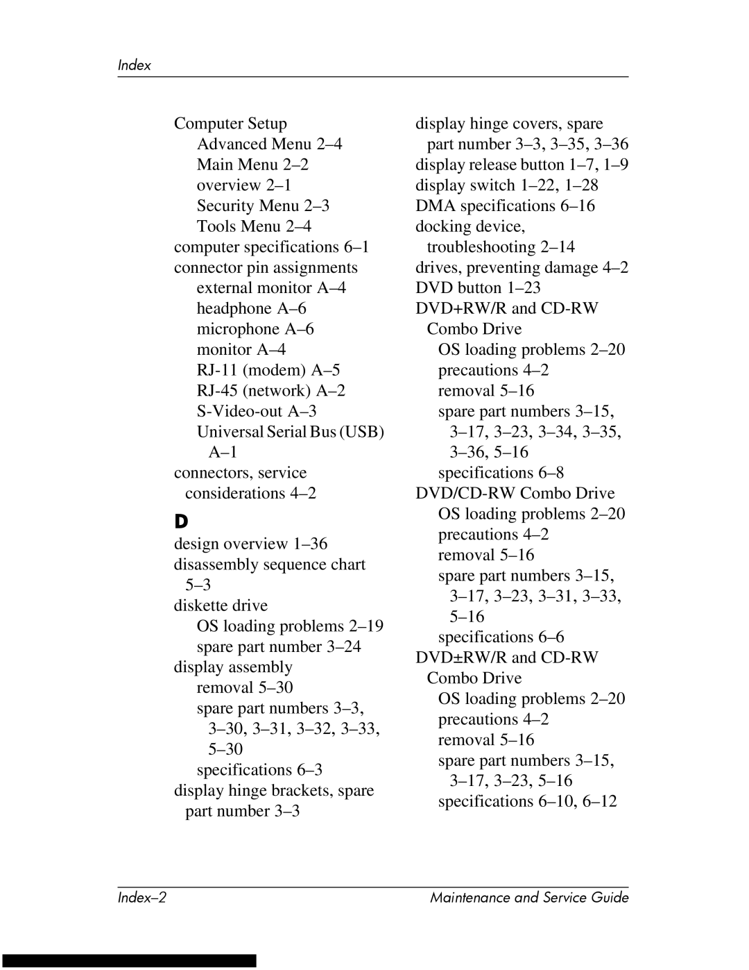 HP DV1270 manual Index 