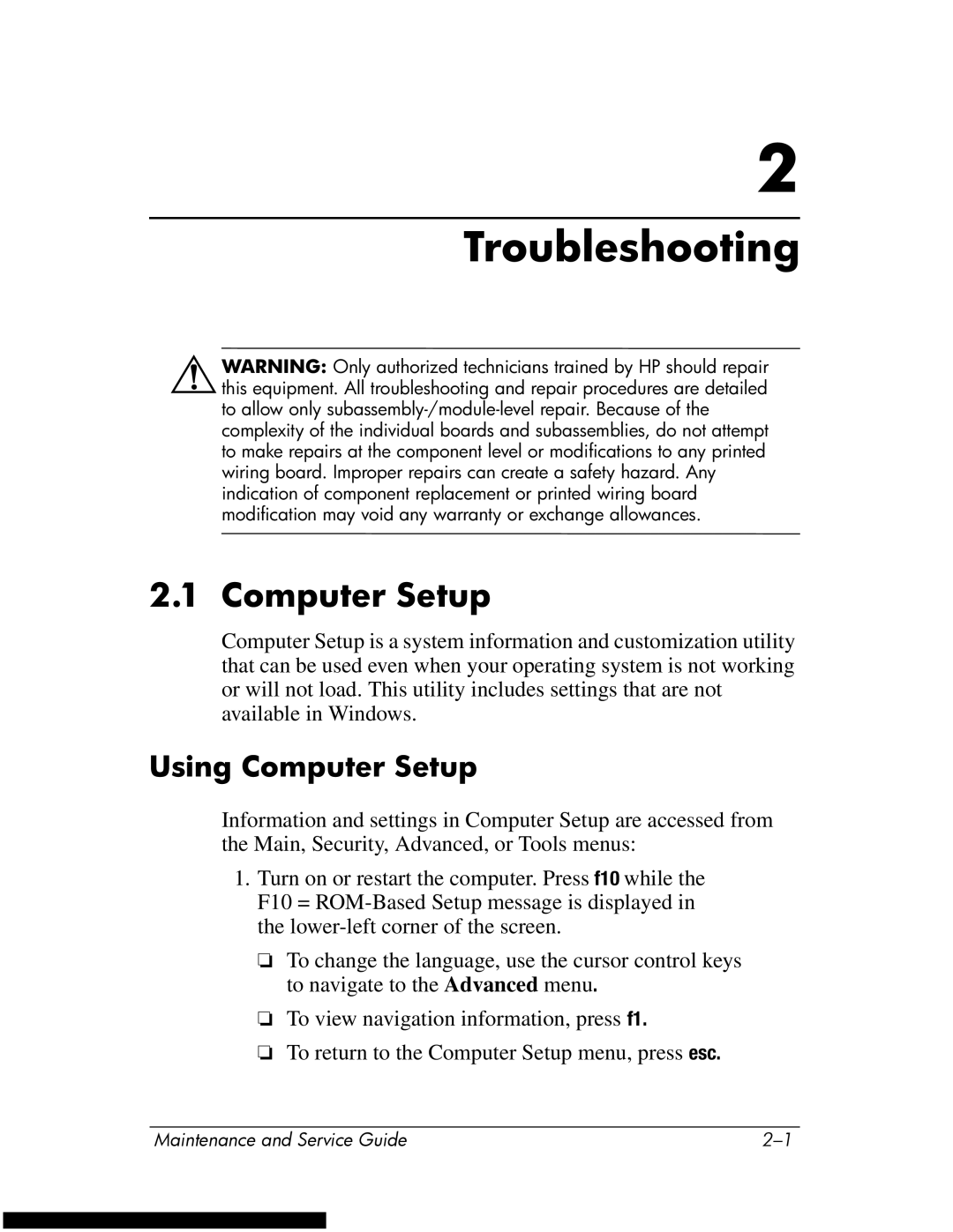 HP DV1270 manual Troubleshooting, Computer Setup 