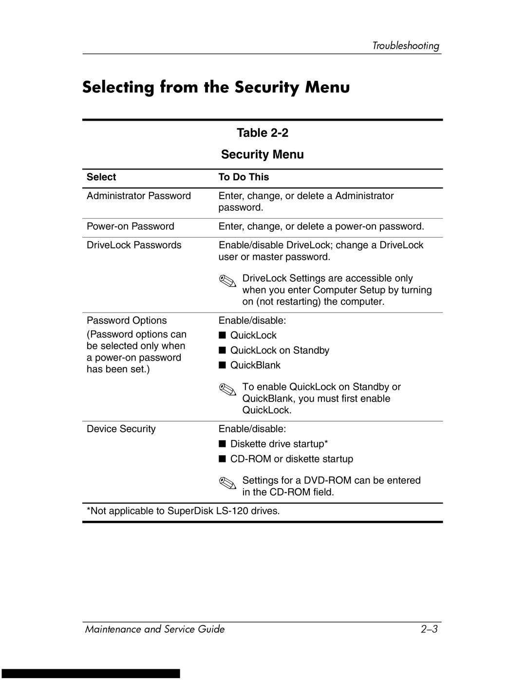 HP DV1270 manual Selecting from the Security Menu 