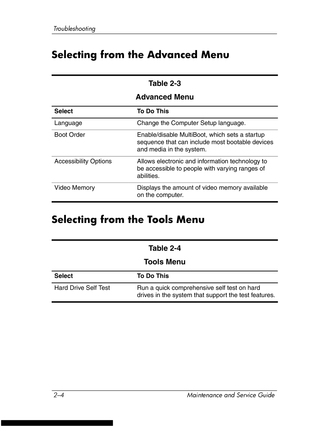 HP DV1270 manual Selecting from the Advanced Menu 