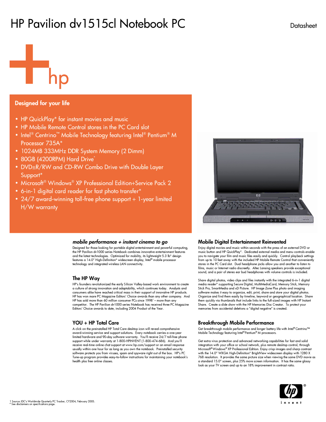 HP dv1515cl manual Designed for your life, HP Mobile Remote Control stores in the PC Card slot, Processor 735A, Support 