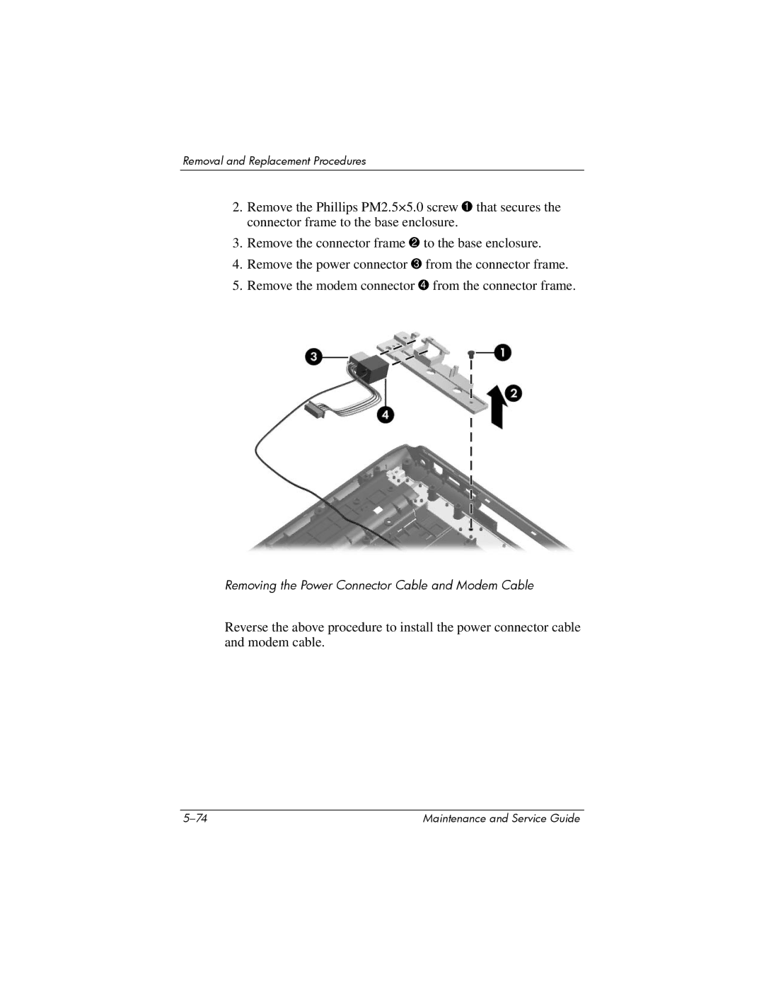 HP dv2000 dv2000 manual Removing the Power Connector Cable and Modem Cable 