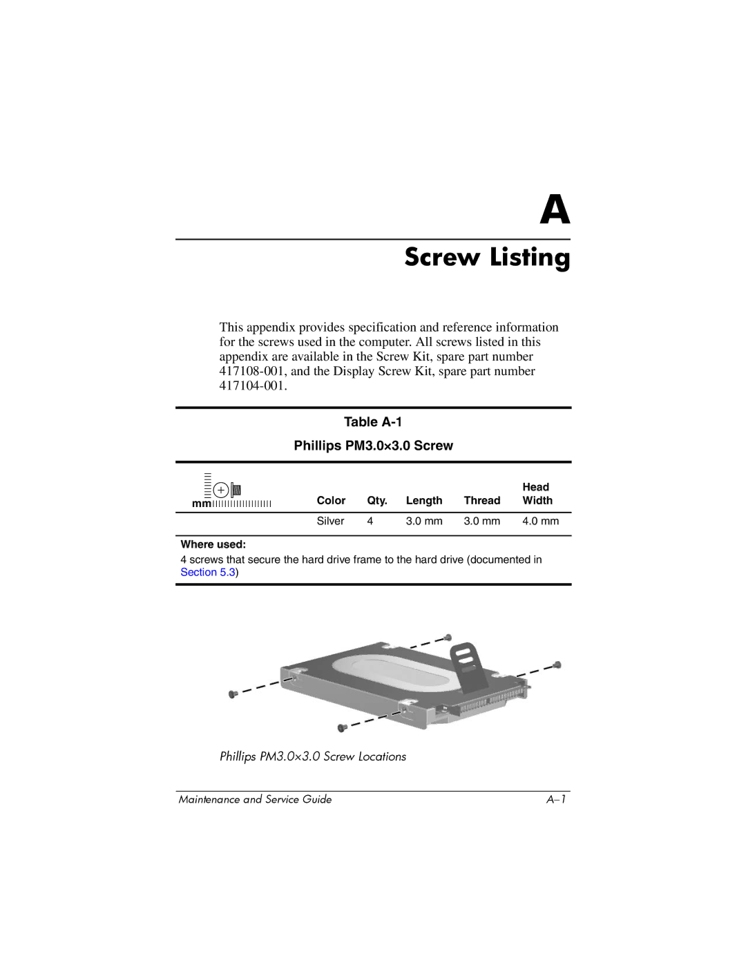 HP dv2000 dv2000 manual Table A-1 Phillips PM3.0×3.0 Screw, Head, Color Qty Length Thread Width Silver Where used 