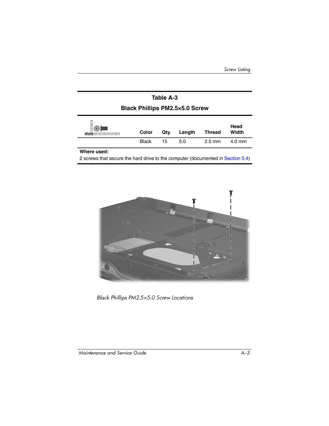 HP dv2000 dv2000 manual Table A-3 Black Phillips PM2.5×5.0 Screw, Color Qty Length Thread Width Black Where used 