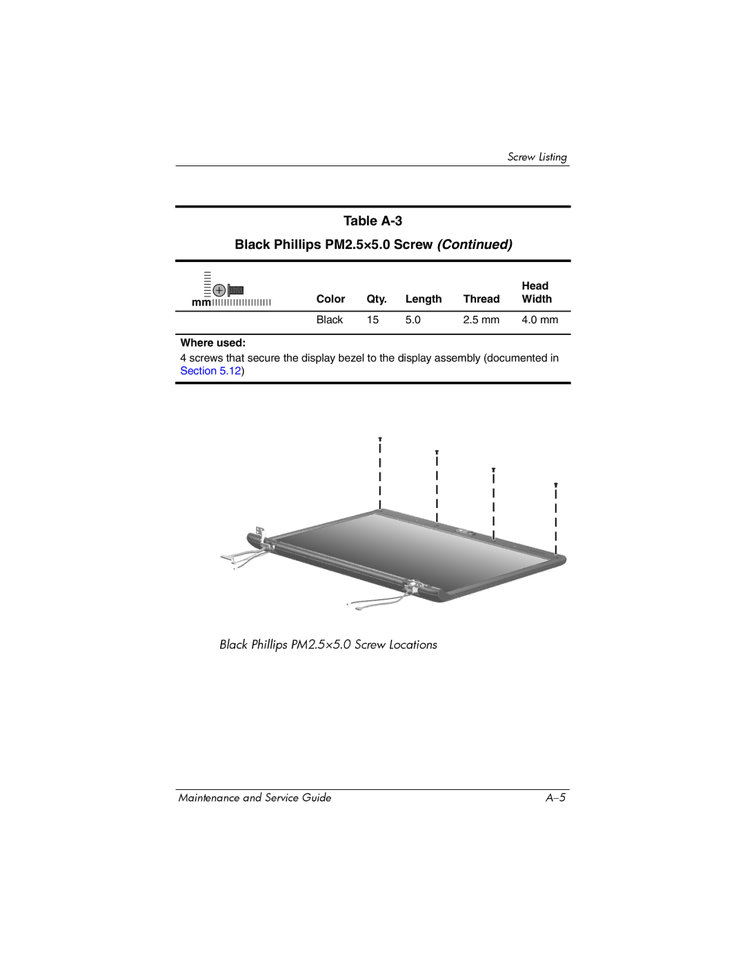 HP dv2000 dv2000 manual Table A-3 Black Phillips PM2.5×5.0 Screw 