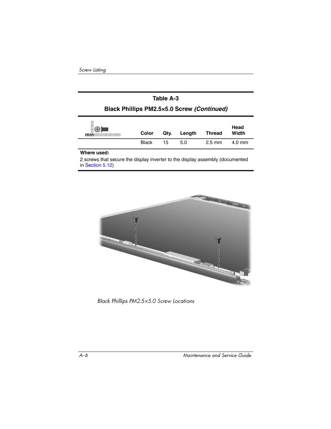 HP dv2000 dv2000 manual Table A-3 Black Phillips PM2.5×5.0 Screw 