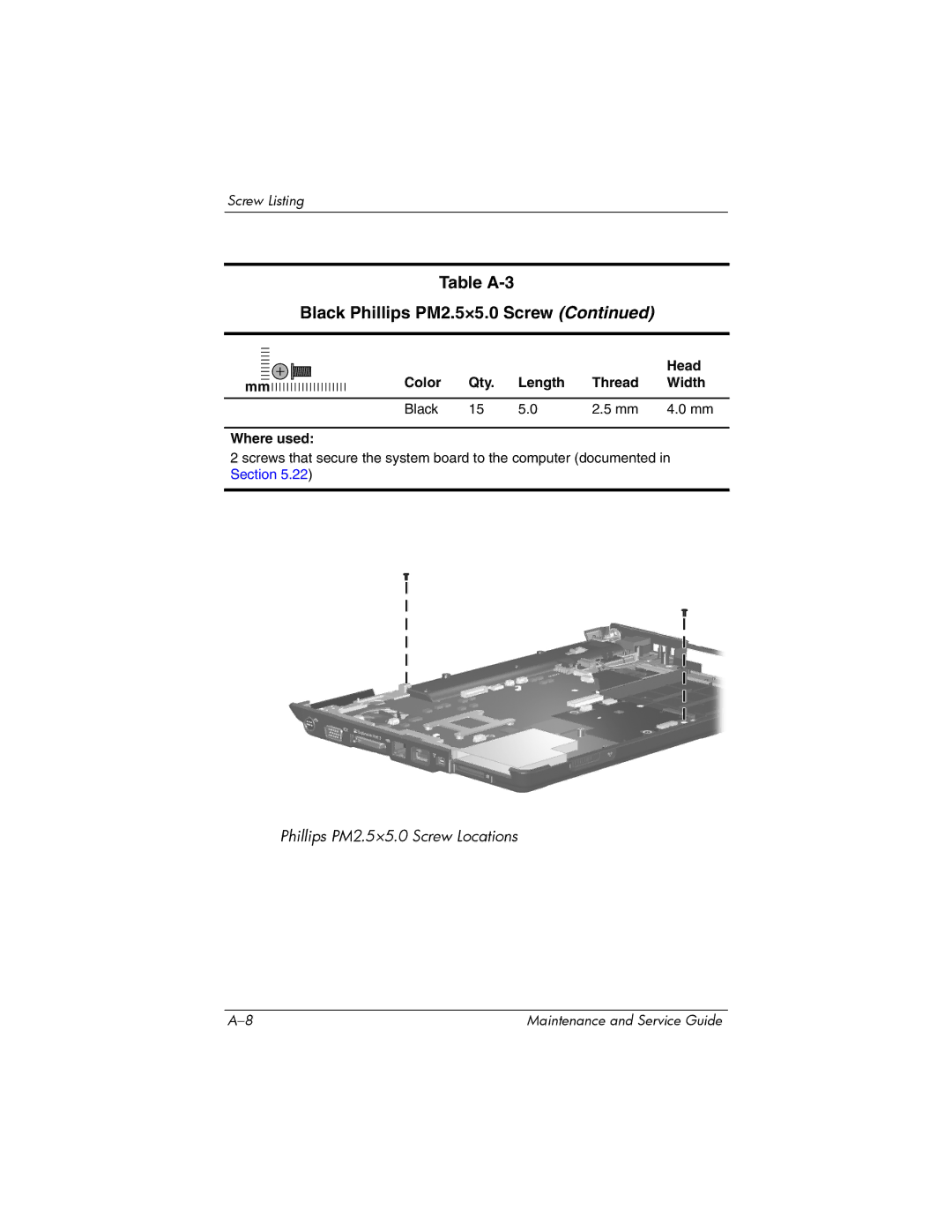 HP dv2000 dv2000 manual Table A-3 Black Phillips PM2.5×5.0 Screw 