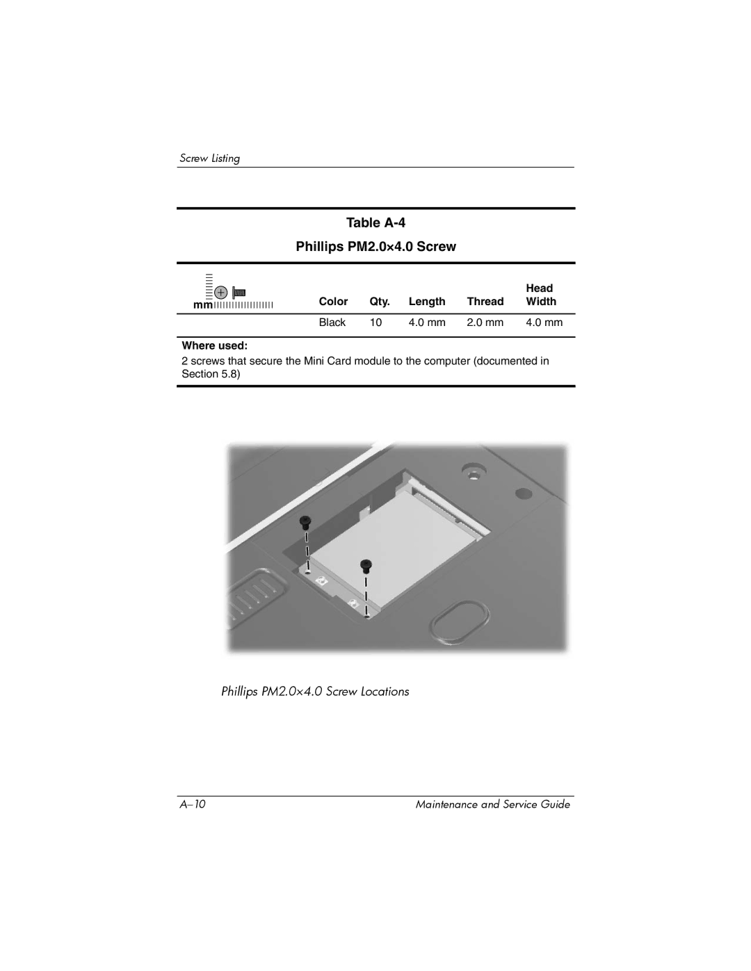 HP dv2000 dv2000 manual Table A-4 Phillips PM2.0×4.0 Screw 