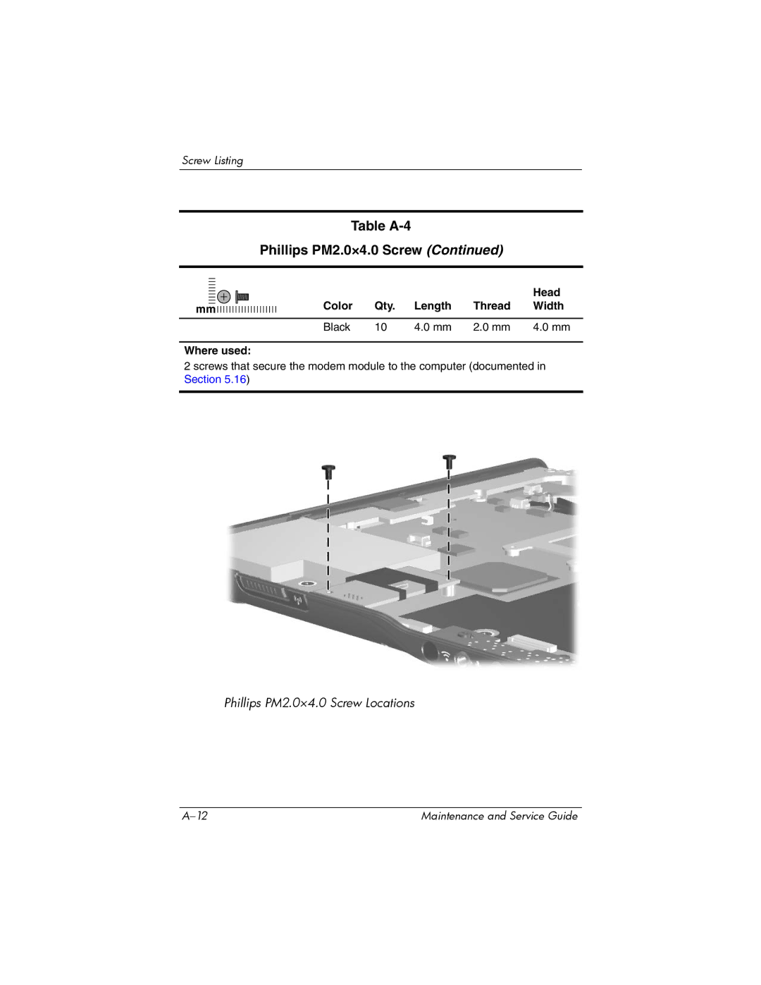 HP dv2000 dv2000 manual Table A-4 Phillips PM2.0×4.0 Screw 