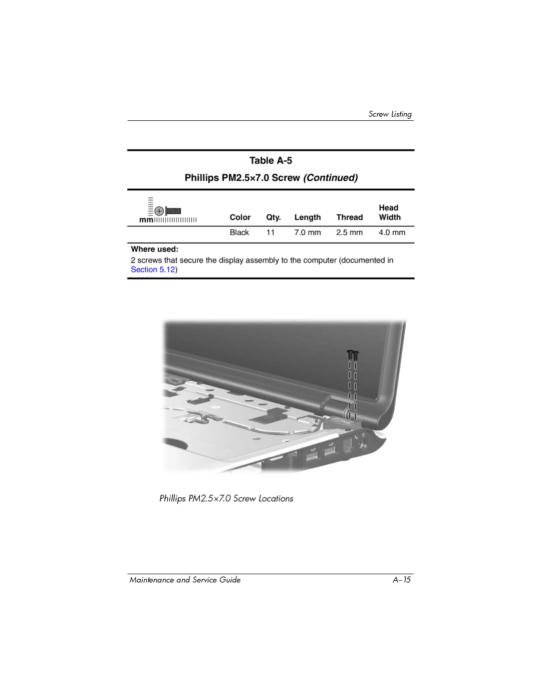 HP dv2000 dv2000 manual Table A-5 Phillips PM2.5×7.0 Screw 