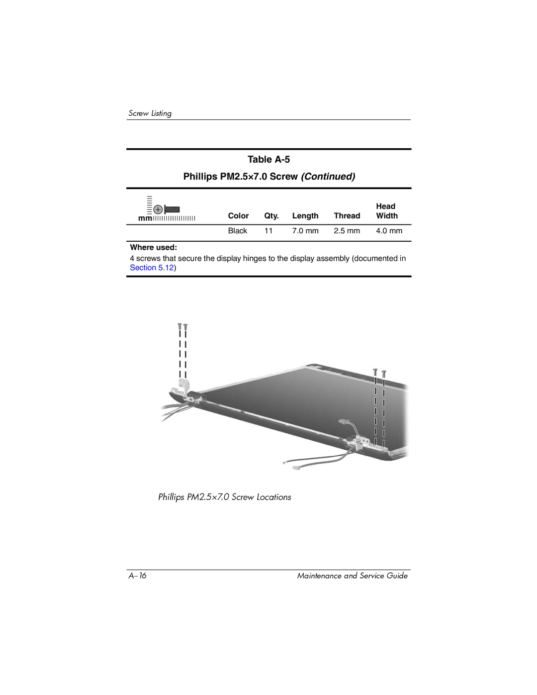 HP dv2000 dv2000 manual Table A-5 Phillips PM2.5×7.0 Screw 