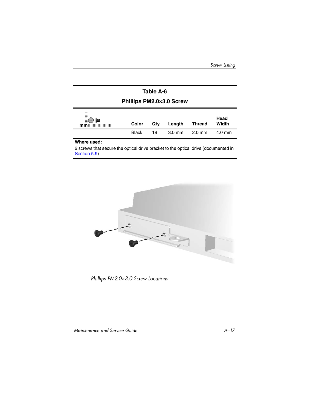 HP dv2000 dv2000 manual Table A-6 Phillips PM2.0×3.0 Screw 