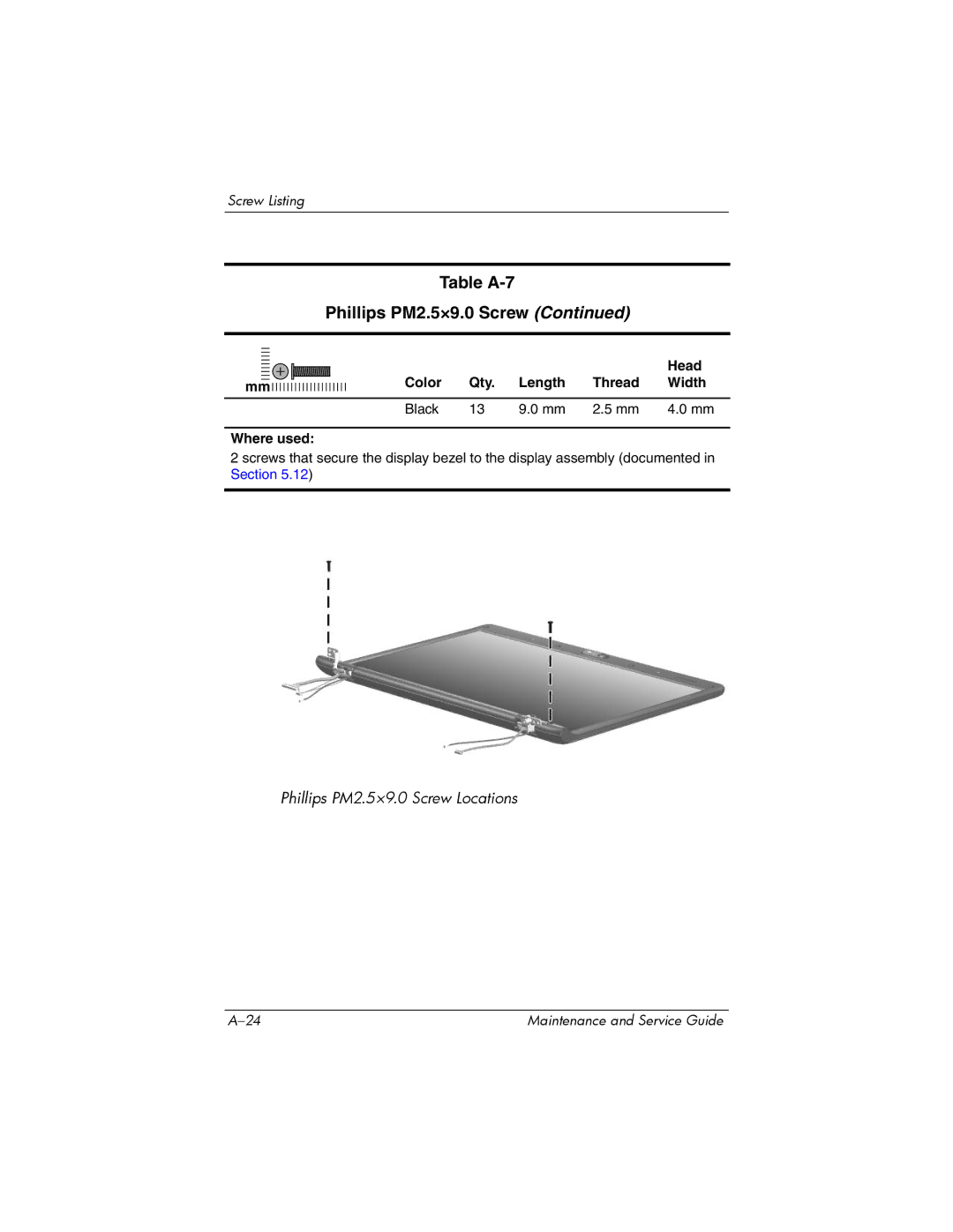 HP dv2000 dv2000 manual Table A-7 Phillips PM2.5×9.0 Screw 