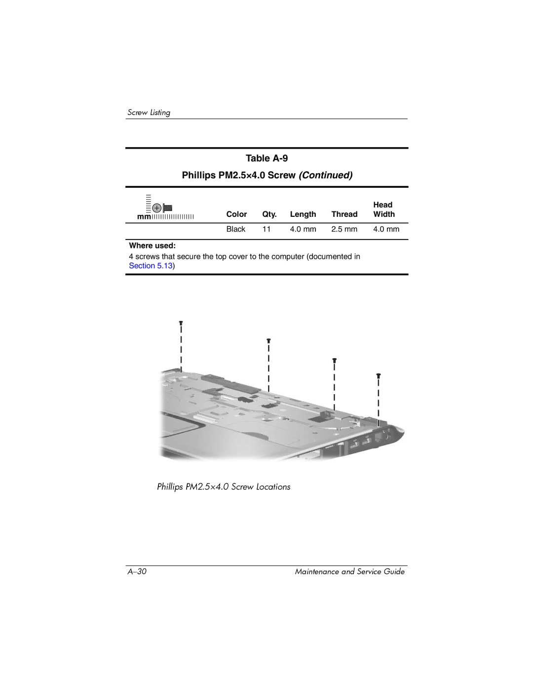 HP dv2000 dv2000 manual Table A-9 Phillips PM2.5×4.0 Screw 