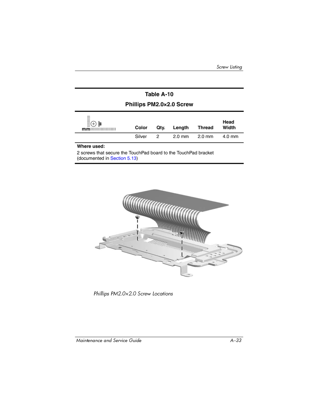 HP dv2000 dv2000 manual Table A-10 Phillips PM2.0×2.0 Screw, Color Qty Length Thread Width Silver Where used 