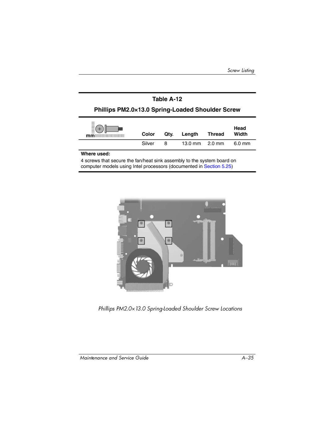 HP dv2000 dv2000 manual Table A-12 Phillips PM2.0×13.0 Spring-Loaded Shoulder Screw 