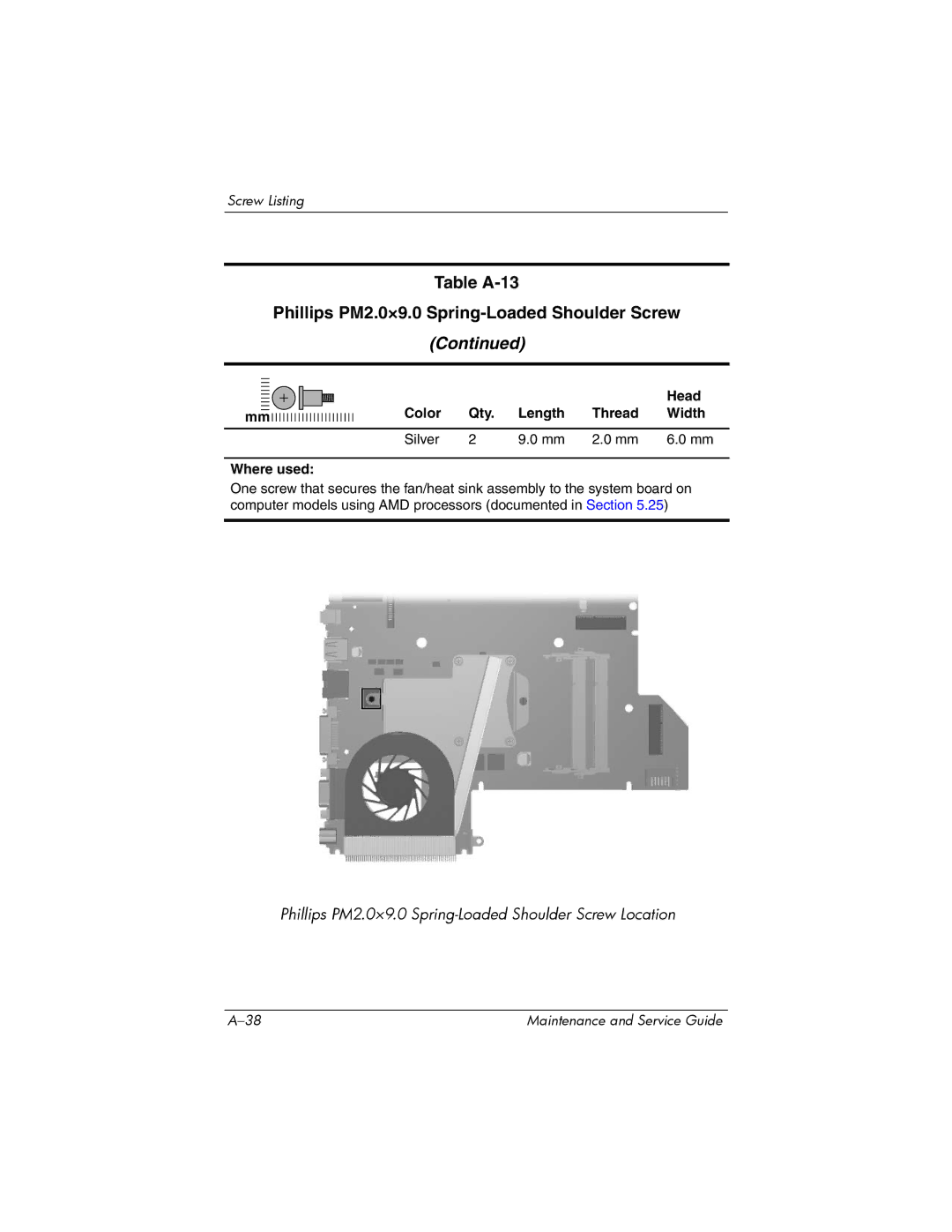 HP dv2000 dv2000 manual Table A-13 Phillips PM2.0×9.0 Spring-Loaded Shoulder Screw 