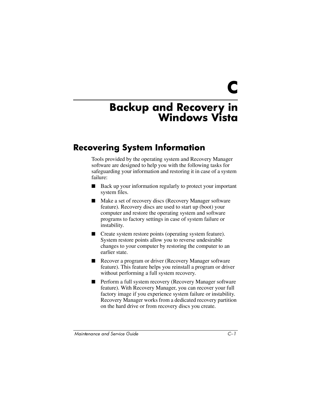 HP dv2000 dv2000 manual Backup and Recovery in Windows Vista 