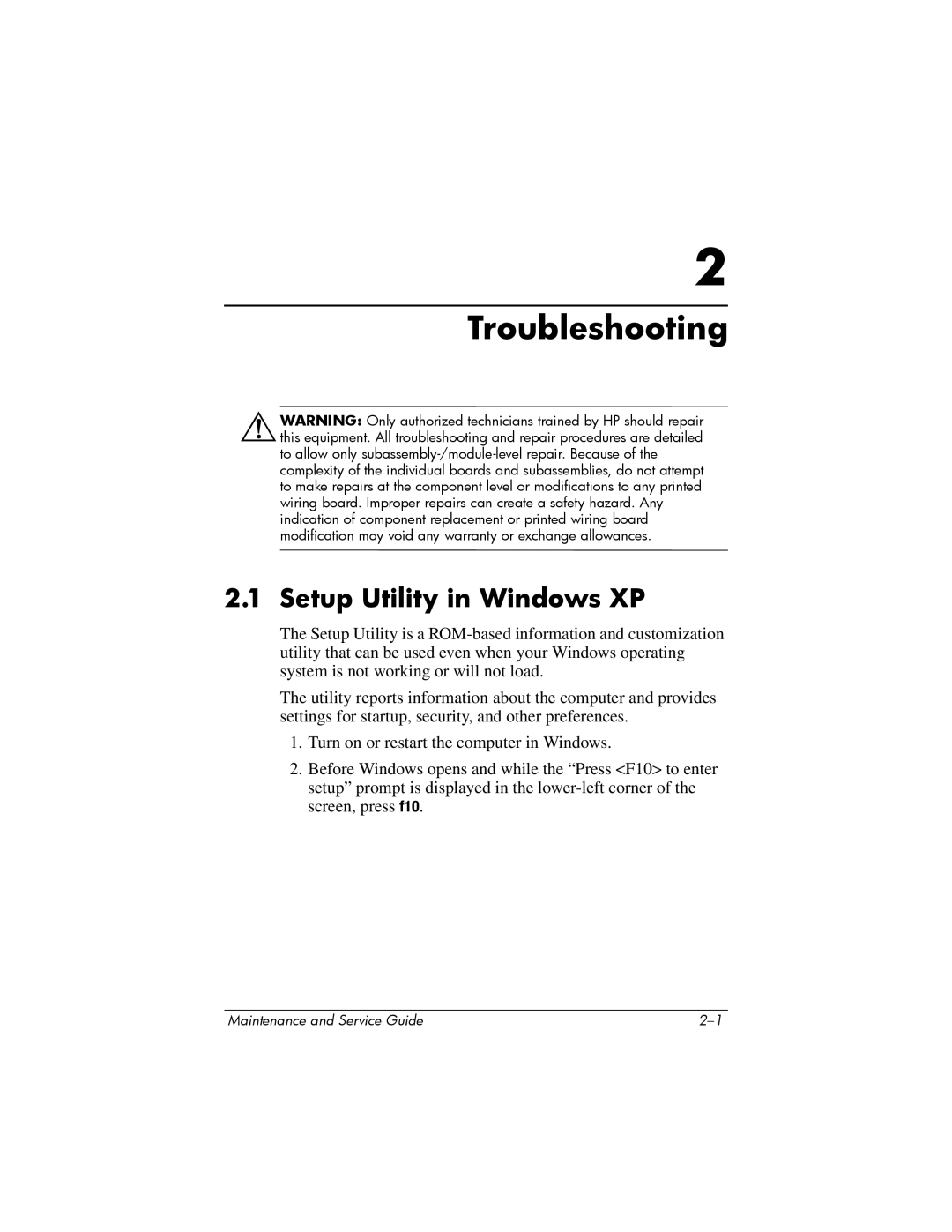 HP dv2000 dv2000 manual Troubleshooting, Setup Utility in Windows XP 