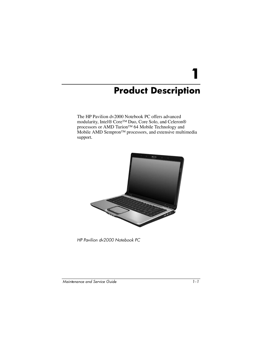 HP dv2000 dv2000 manual Product Description 