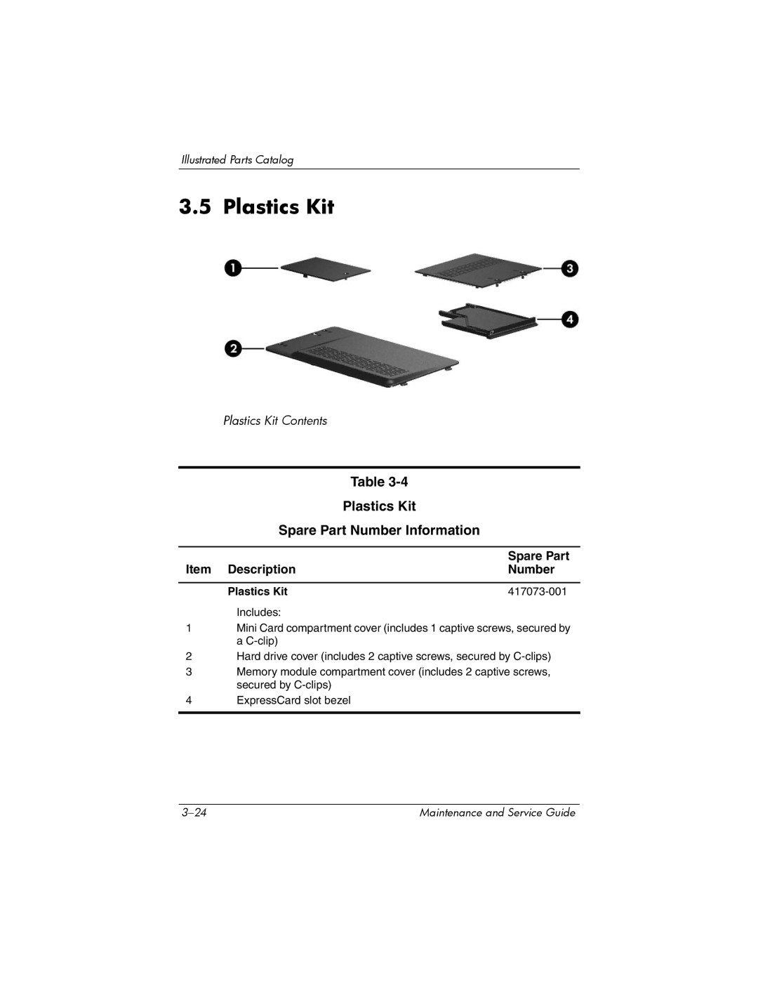 HP dv2000 dv2000 manual Plastics Kit Spare Part Number Information, Plastics Kit 417073-001 