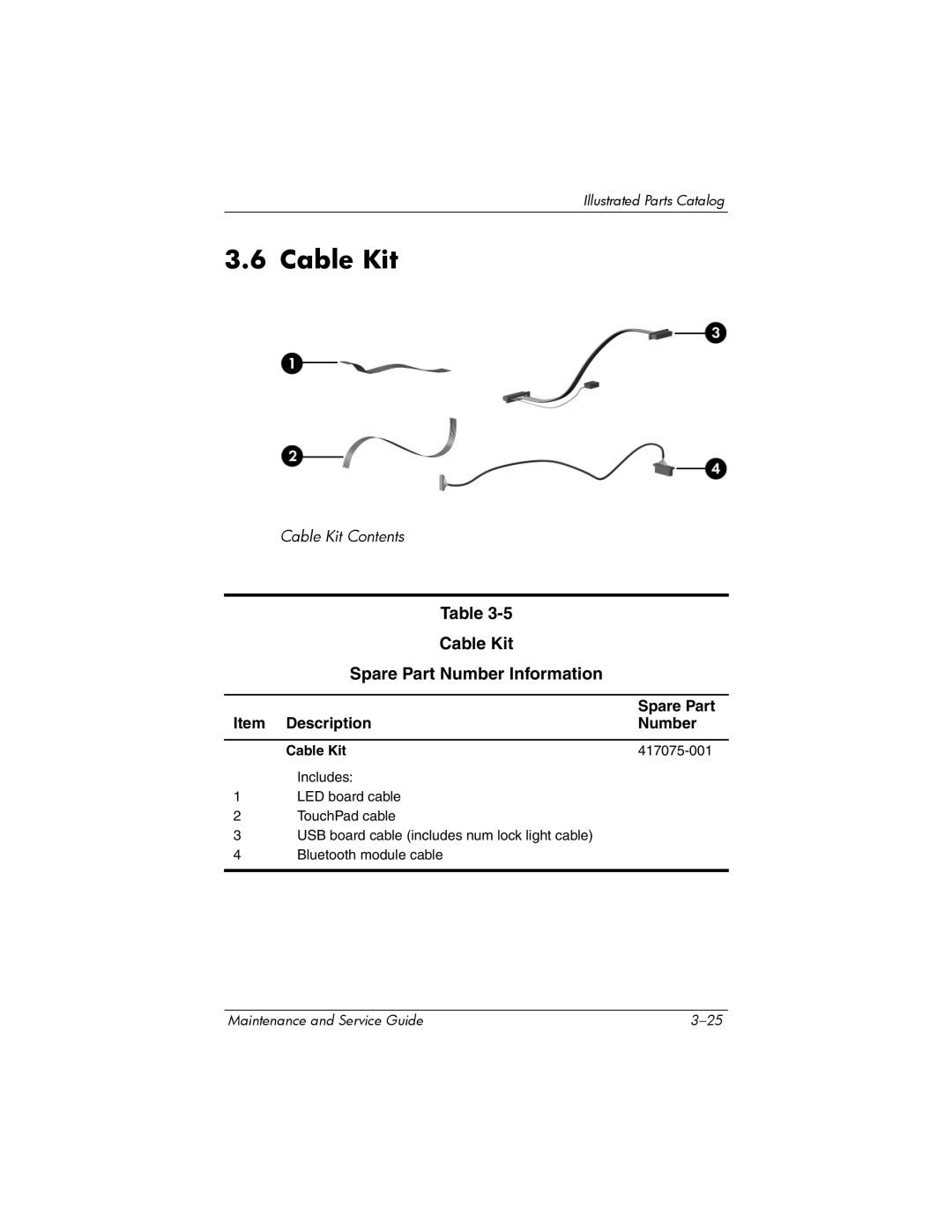 HP dv2000 dv2000 manual Cable Kit Spare Part Number Information, Cable Kit 417075-001 