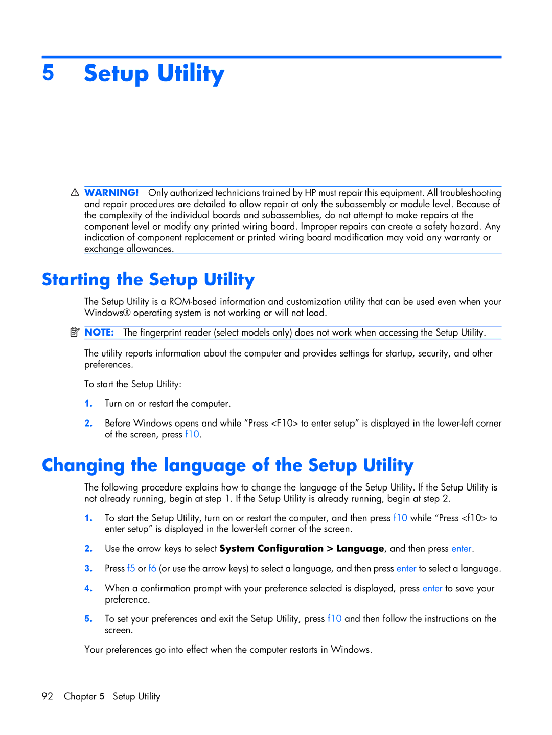 HP DV2500 manual Starting the Setup Utility, Changing the language of the Setup Utility 