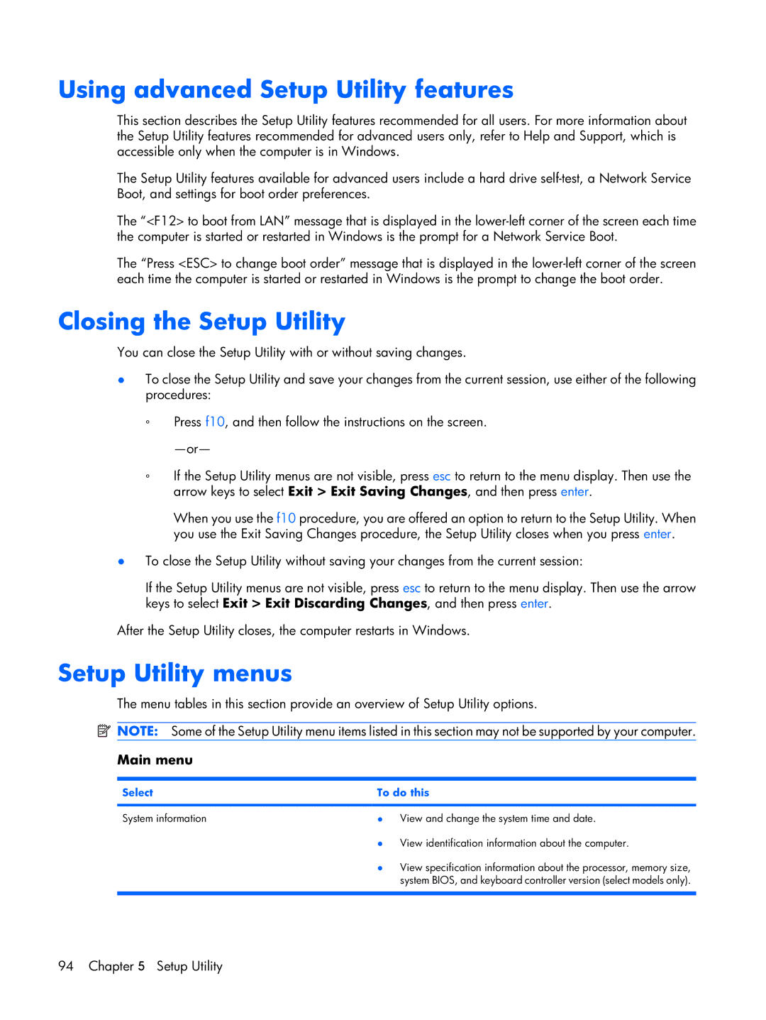 HP DV2500 manual Using advanced Setup Utility features, Closing the Setup Utility, Setup Utility menus, Select To do this 